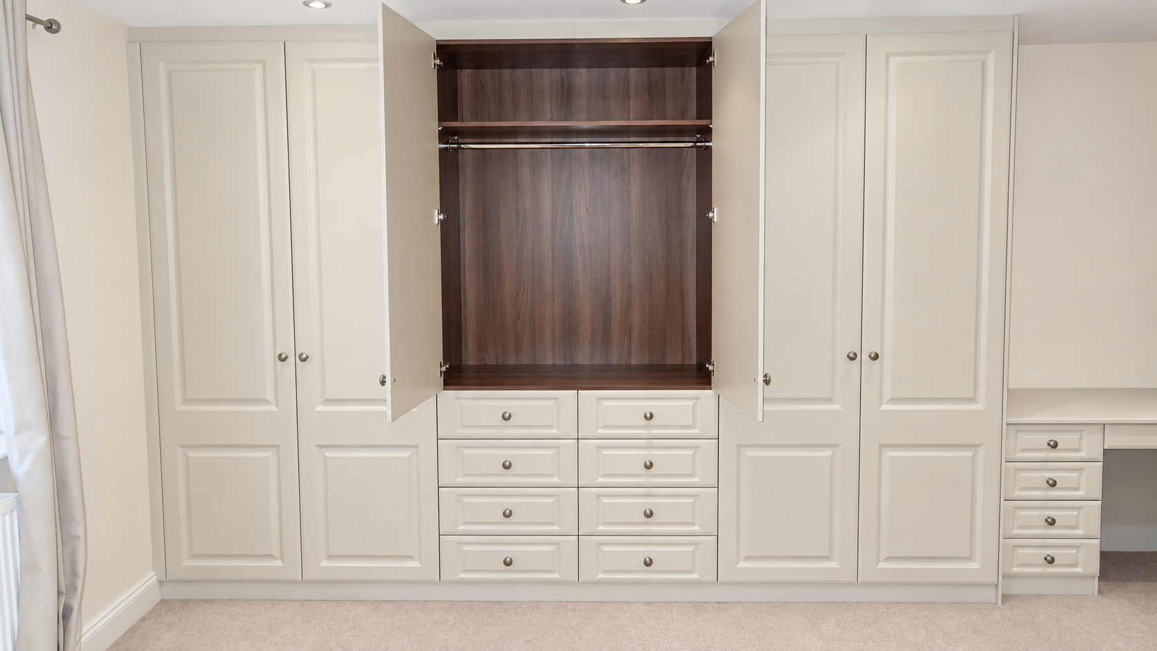 Classic cream wardrobe with dark woodgrain interior