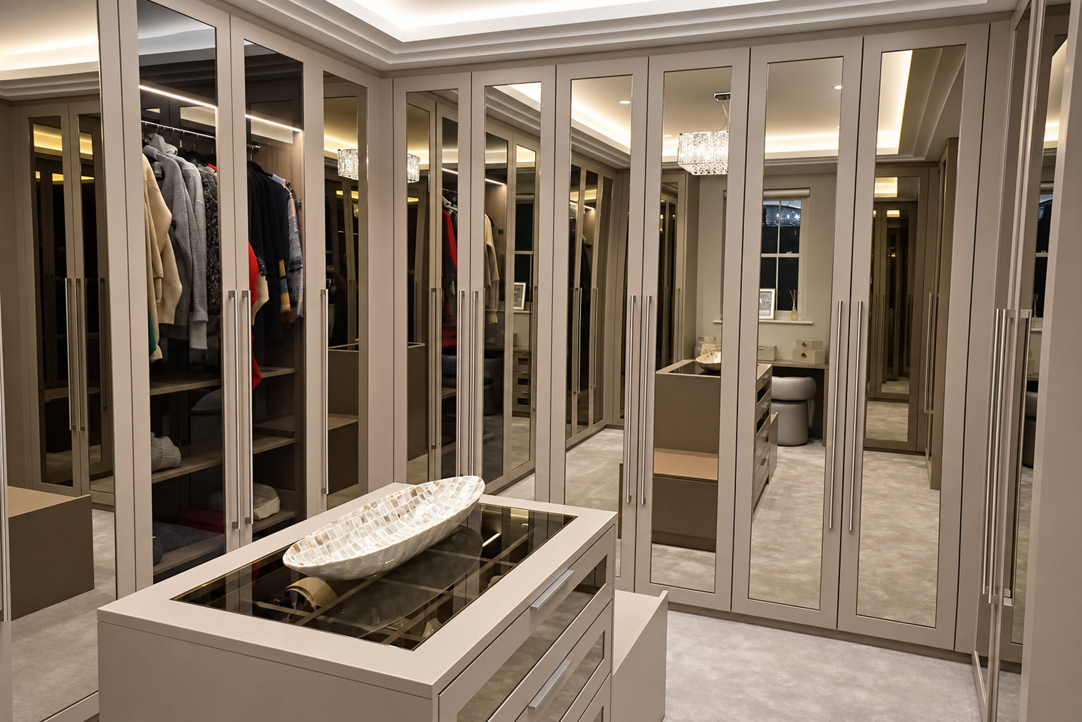 Mirrored dressing-room wardrobes around a storage island