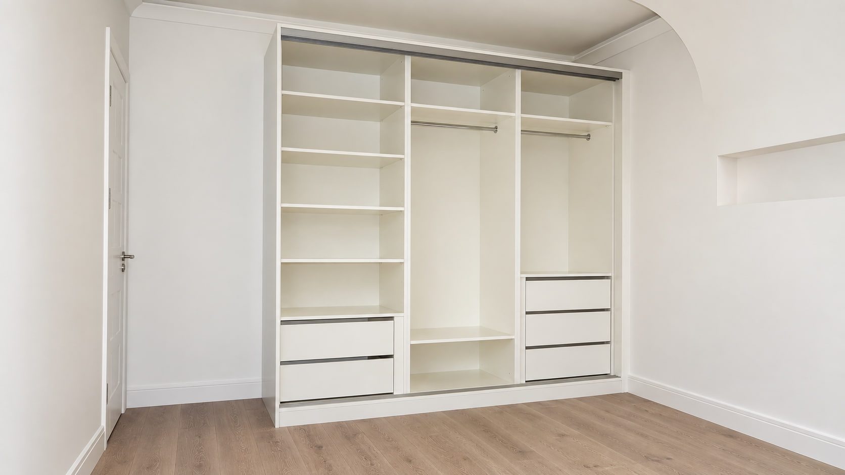 Open sliding wardrobe interior with shelves, rails and drawers