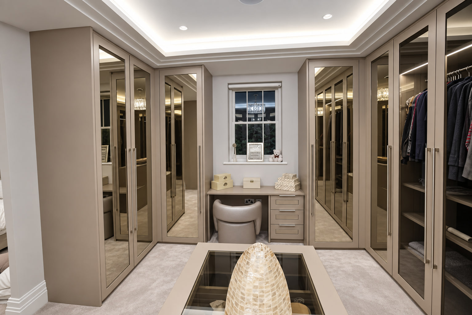 Taupe dressing room with a fitted vanity