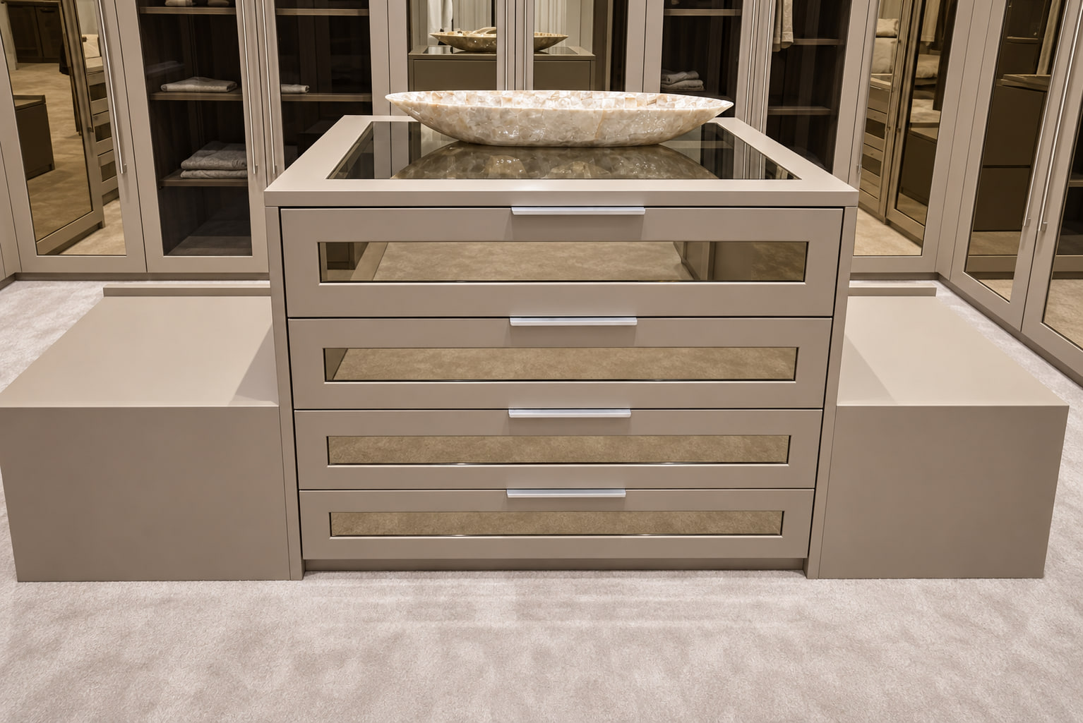 Glass-topped dressing island with mirrored drawers